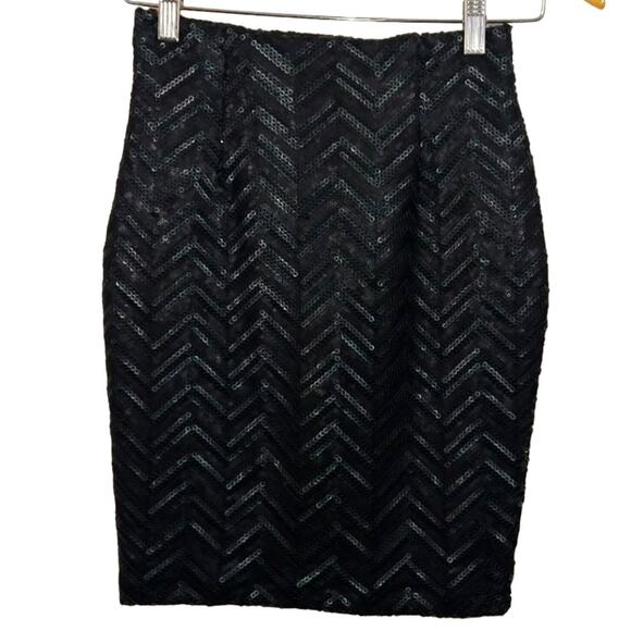 AM Misha Collection Black Viola Sequin Chevron High Waisted Mini Skirt NWT XS